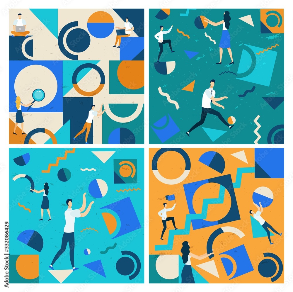 Set Informative Flyer Strategy and Process Success. Connection Between Emotional, Economic and Personal Contribution Each Employee to Common Cause. Geometric Pattern Vector Illustration.