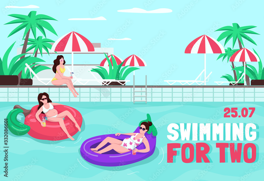 Swimming for two poster flat vector template. Rest together at poolside. Book hotel for family. Brochure, booklet one page concept design with cartoon characters. Summer recreation flyer, leaflet