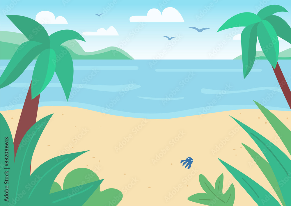 Tropical sand beach and sea flat color vector illustration. Seascape with palm trees and flying birds. Exotic peaceful nature. Seashore 2D cartoon landscape with shining sun on background