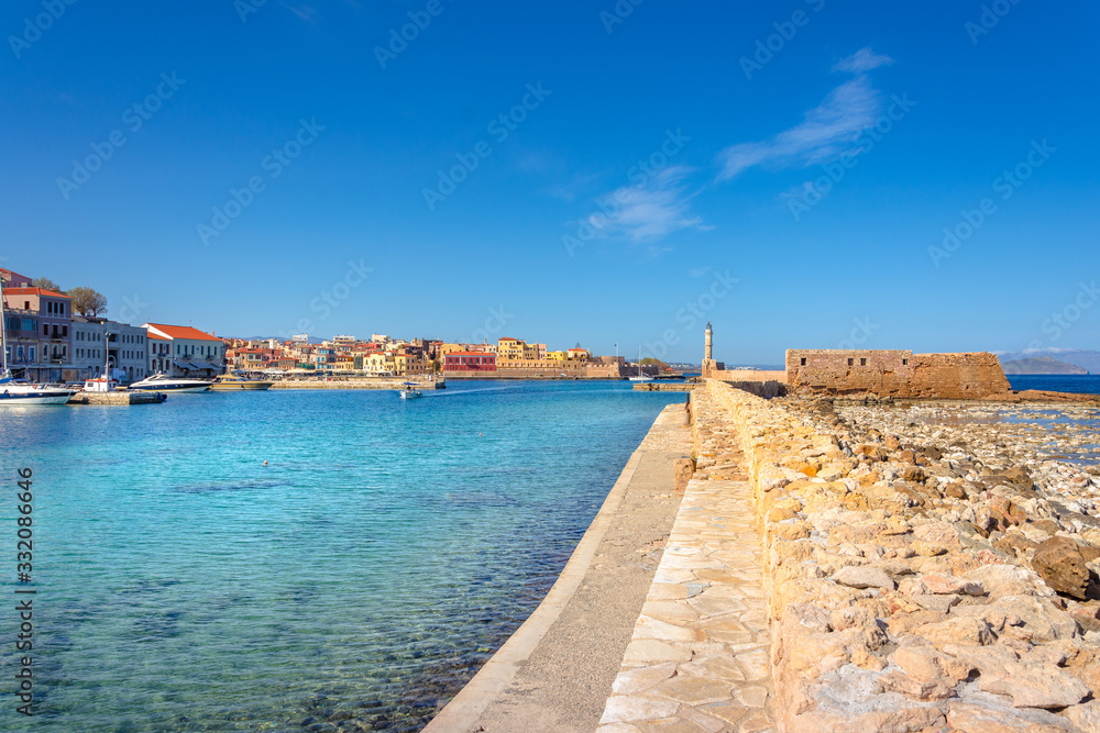 Aerial view of Chania with the amazing lighthouse, mosque, venetian shipyards, Crete, Greece.