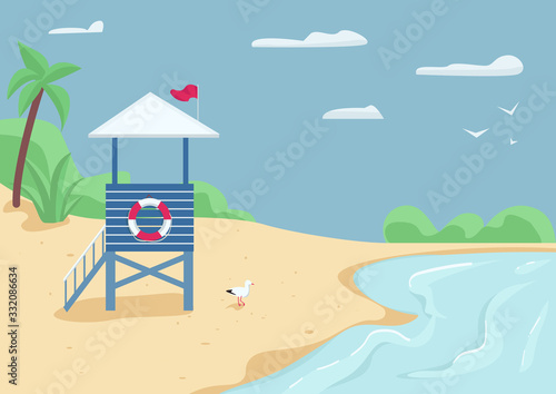 Lifeguard tower on sand beach flat color vector illustration. Rescuer building, swimming safety. Life guard stand on seashore 2D cartoon landscape with water and blue sky on background