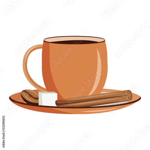 Spiced coffee cartoon vector illustration. Caffeine gourmet beverage. Filter recipe. Traditional brew. Espresso with cinnamon and sugar flat color object. Black tea isolated on white background photo