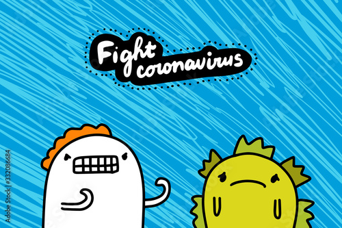 Fight coronavirus covid-19 hand drawn vector illustration in cartoon comic style man against infection