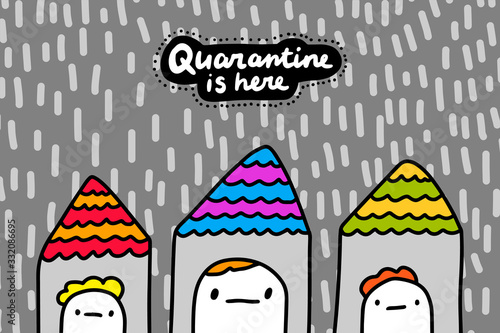 Quarantine is here hand drawn vector illustration in cartoon comic style people sitting at home coronavirus protection defend