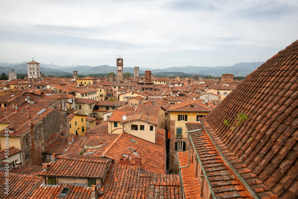 Elevated view over terracotta tiled rooftops