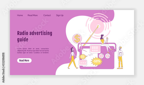 Radio advertising guide landing page flat silhouette vector template. Marketing technology homepage layout. Broadcasting one page website interface with cartoon outline character. Web banner, webpage