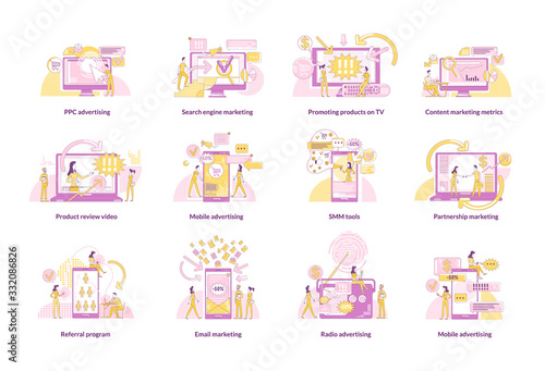 Digital marketing thin line concept vector illustrations set. Marketers and customers 2D cartoon characters for web design. Promotion strategies, advertising technologies creative ideas