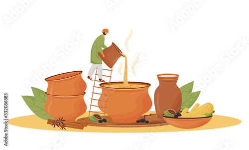 Indian cuisine, teashop service flat concept vector illustration. Man pouring Masala Chai 2D cartoon character for web design. Traditional beverage, aromatic mixture serving creative idea