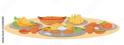 Indian dishes serving cartoon vector illustration. Traditional cuisine meals and spicy sauces in thali flat color object. Indian restaurant food, served table surface isolated on white background