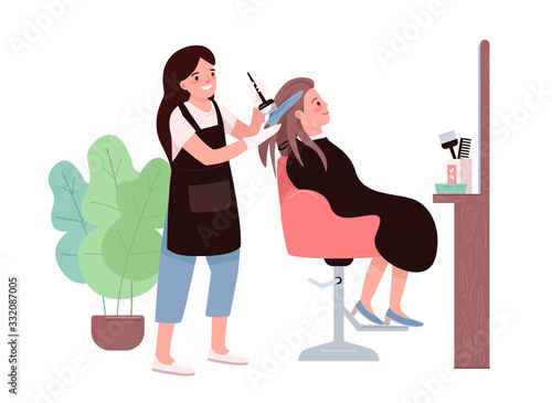 Hair coloring flat color vector characters. Female hairdresser. Hair dyeing procedure. Hairstylist studio. Stylist client. Woman getting hairdo. Beauty salon isolated cartoon illustration