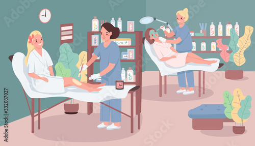 Beauty salon flat color vector illustration. Woman putting wax on client's leg. Female getting facial mask. Beautician 2D cartoon characters with spa center furniture on background