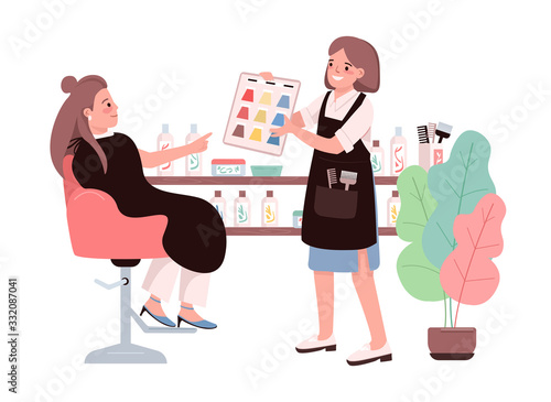 Hair coloring flat color vector characters. Young woman choosing hair dye. Getting coloration from hairdresser. Professional hairstylist. Beauty salon procedure isolated cartoon illustration