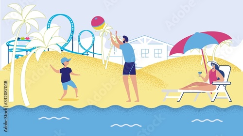 Happy Family Beach Holiday. Father Mother Son Rest on Sea Cost Vector Illustration. Cartoon Man Boy Play Volleyball. Woman Sunbathing with Cocktail. Sea Shore Travel. Summer Vacation Seaside Trip