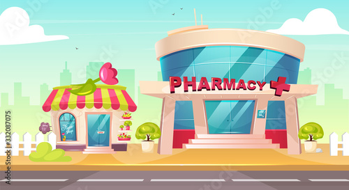 City center flat color vector illustration. Flower shop front. Pharmacy glass building exterior. Drugstore entrance with nobody outside. Cute 2D cartoon cityscape with sidewalk on background