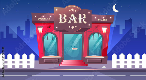 Bar at nighttime flat color vector illustration. Local cafe with sidewalk at night. Luxury pub exterior. Place for drinks. Red brick building. Urban 2D cartoon cityscape with nobody on background