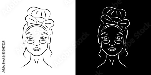 Woman with under eye patches contour portrait vector illustration. Girl face with skincare product realistic line art. Lady eyes dark circles treatment outline character on black and white backgrounds