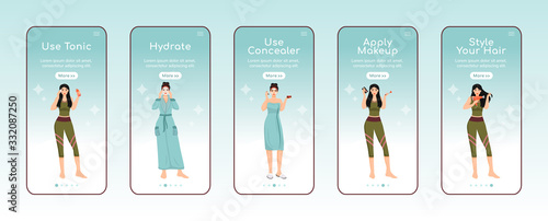 Skincare nourishing steps onboarding mobile app screen flat vector template. Toner using. Walkthrough website steps with characters. UX, UI, GUI smartphone cartoon interface, case prints set