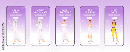 Hygiene routine onboarding mobile app screen flat vector template. Body hair removal, facial care. Walkthrough website steps with characters. UX, UI, GUI smartphone cartoon interface, case prints set