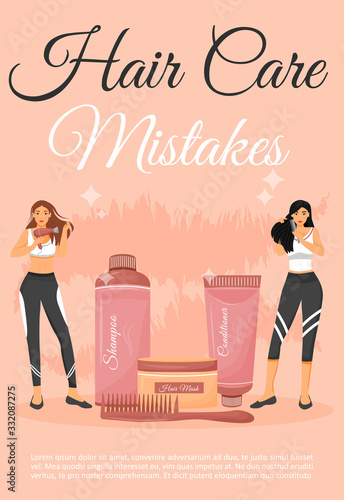 Hair care mistakes poster flat vector template. Healthy hair daily routine advices. Brochure, booklet one page concept design with cartoon characters. Hairdressing class flyer, leaflet