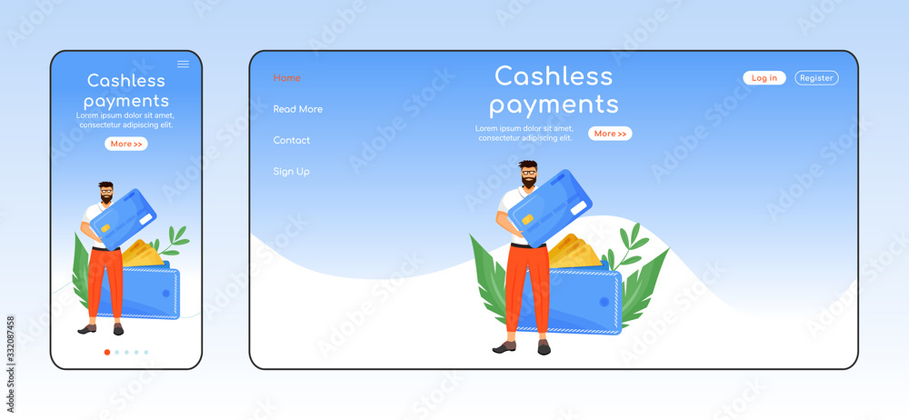 Cashless payments adaptive landing page flat color vector template. Banking service mobile and PC homepage layout. Fintech one page website UI. Credit card transactions webpage cross platform design