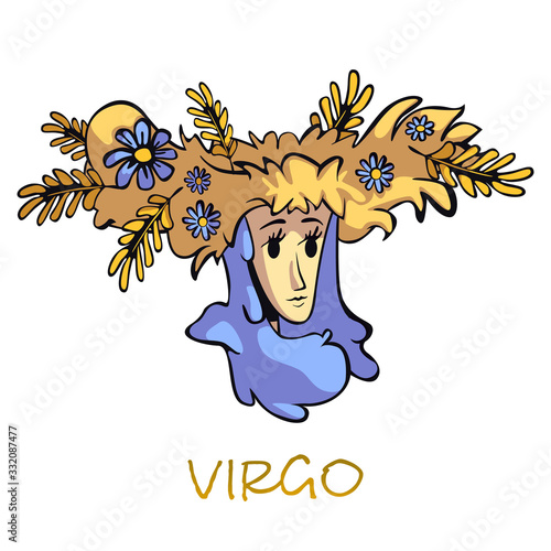 Virgo zodiac sign flat cartoon vector illustration. Woman in floral wreath character. Astrological horoscope symbol characteristics, agriculture mythological goddess. Isolated hand drawn item