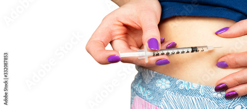 Diabetes patient make insulin shot by syringe. Woman use Insulin injection pen. Diabetes medical care. Dependent diabetes woman make a subcutaneous injection by syringe.