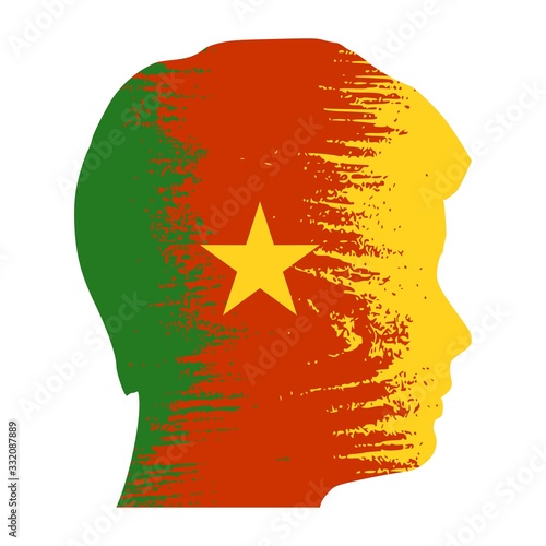 Double exposure portrait of young man. Cameroon flag design concept. Flag textured by grungy wood pattern. Image relative to travel and politic themes