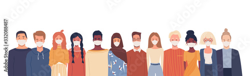Multiethnic group of people in white medical face mask. Global society. Health. Disease epidemic, coronavirus infection, air pollution. Coronavirus quarantine. Bright vector illustration in flat style