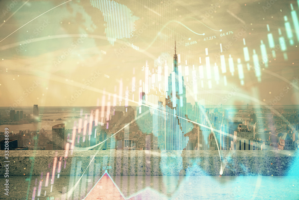 Forex graph on city view with skyscrapers background multi exposure. Financial analysis concept. Forex graph on city view with skyscrapers background multi exposure. Financial analysis concept.