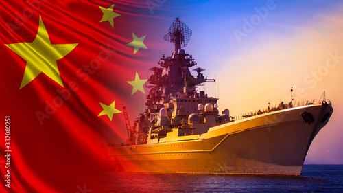 Photography Warship close-up on the background of the Chinese flag
