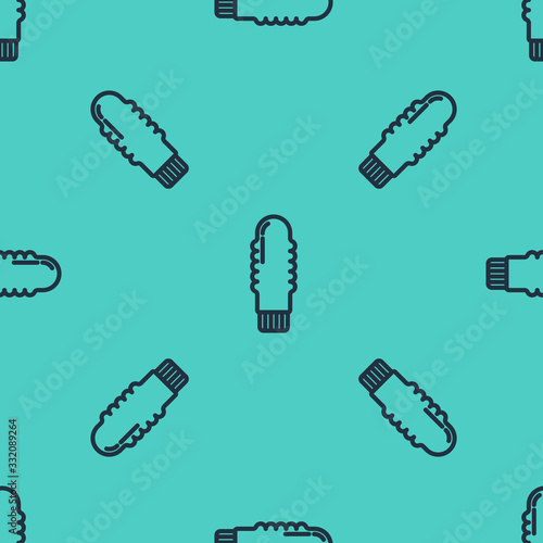 Black line Dildo vibrator for sex games icon isolated seamless pattern on green background. Sex toy for adult. Vaginal exercise machines for intimate. Vector Illustration