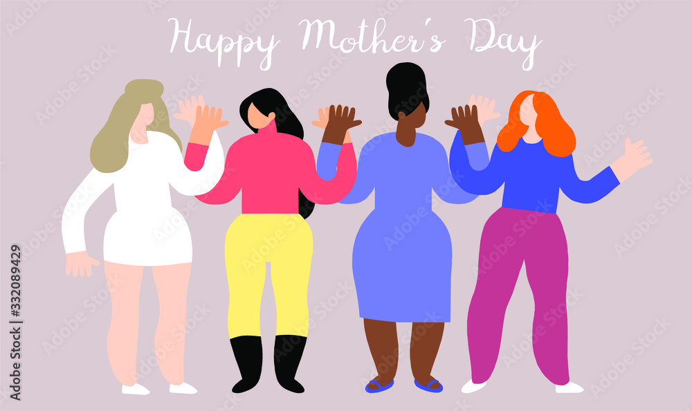 Fototapeta premium Vector. Happy Mother's Day ready to print postcard with four different women for your design, banners, flyers, postcards.