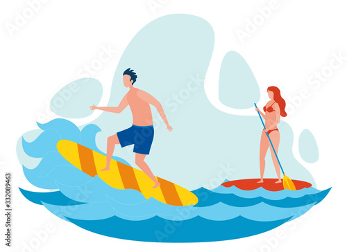 Woman and Man Surfing Flat Vector Illustration. Girl on Paddleboard Floating and Paddling. Guy on Surf Board in Ocean. Surfer Showing Extreme Tricks on Surfboard Cartoon Illustration