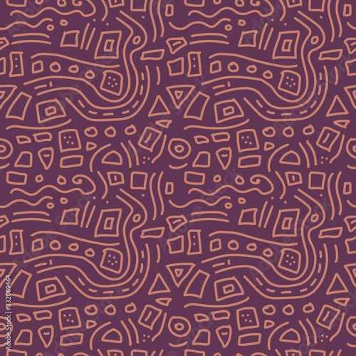 Seamless abstract ethnic pattern of lines, dots, circles, triangles, squares. Purple and brown vector illustration in doodle style. Funny pattern for website design, covers of notebooks and magazines.