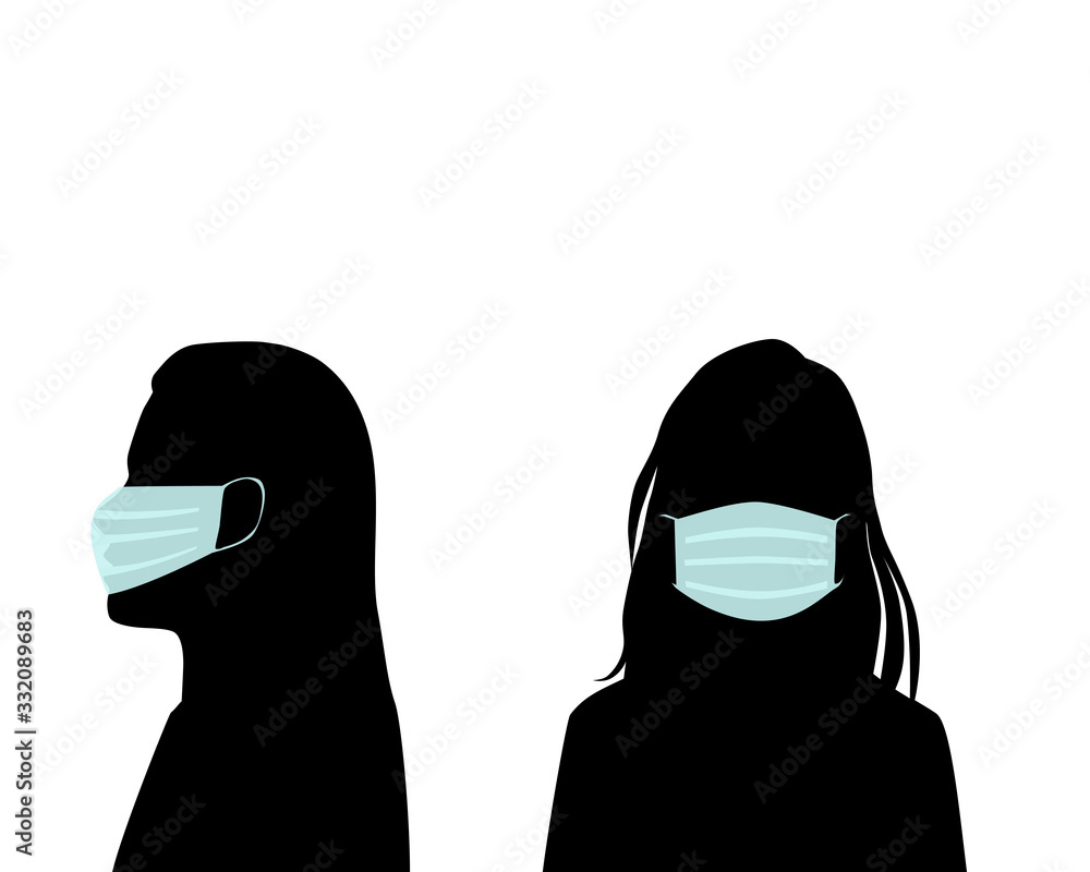  Vector silhouette of a woman's head full face and profile avatar in a medical mask, protection from coronavirus, black color, isolated on a white background