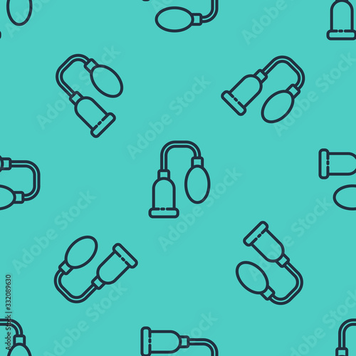 Black line Penis pump icon isolated seamless pattern on green background. Penis enlarger. Sex toy for men. Vacuum pump with a blower to increase the penis. Vector Illustration