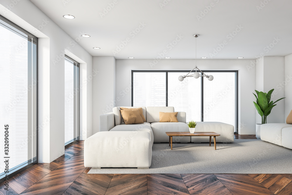Fototapeta premium Panoramic white living room with white sofa
