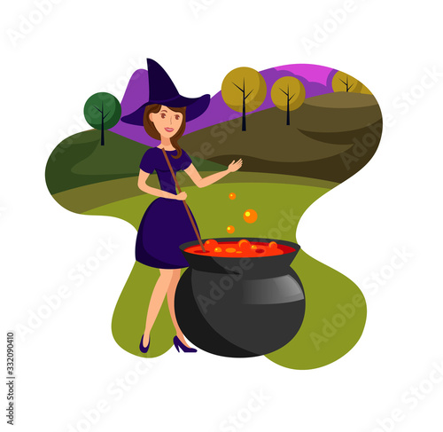 Witch Cooking Magic Brew Flat Color Illustration. Young Lady in Dress with Hat Cartoon Character. Cast Iron Cauldron with Boiling Potion. Halloween Night Party, October Holiday. Woods Scenery