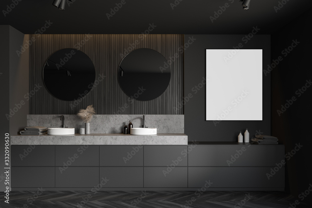 Gray and wooden bathroom, double sink and poster - obrazy, fototapety, plakaty 