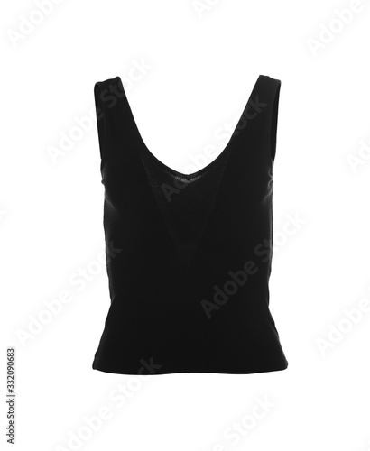 Stylish tank top on mannequin against white background. Women's clothes