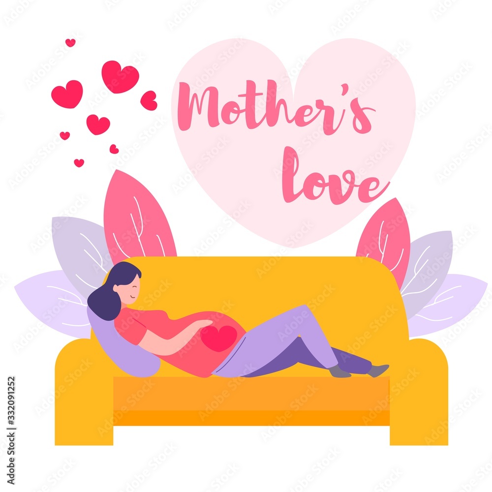 Young Pregnant Woman Lying on Couch Touching Big Belly with Heart Drawing. Mother's Love Typography. Girl Prepare to Maternity, Waiting Baby. Sweet Life Moment Cartoon Flat Vector Illustration, Banner Young Pregnant Woman Lying on Couch Touching Big Belly with Heart Drawing. Mother's Love Typography. Girl Prepare to Maternity, Waiting Baby. Sweet Life Moment Cartoon Flat Vector Illustration, Banner