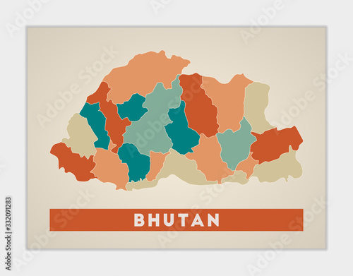 Bhutan poster. Map of the country with colorful regions. Shape of Bhutan with country name. Captivating vector illustration.