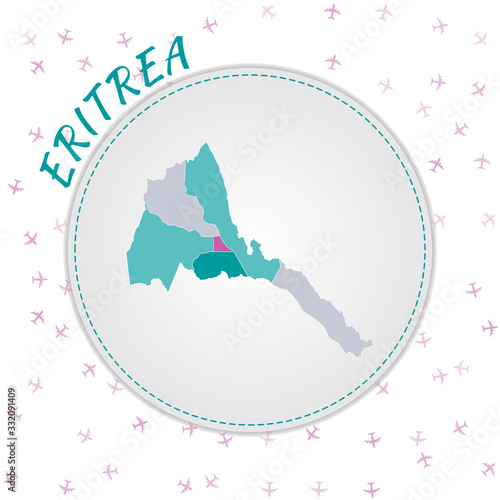 Eritrea map design. Map of the country with regions in emerald-amethyst color palette. Rounded travel to Eritrea poster with country name and airplanes background. Charming vector illustration.