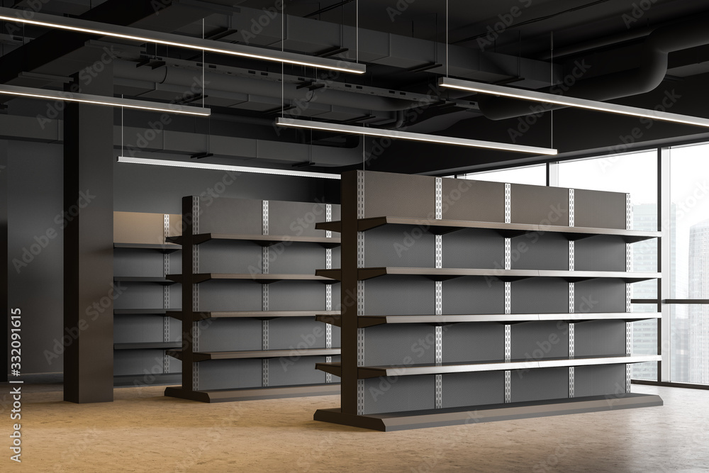 Empty shelves in gray supermarket corner