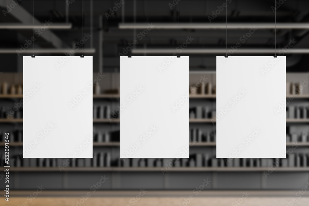 Three mock up posters in gray supermarket Three mock up posters in gray supermarket