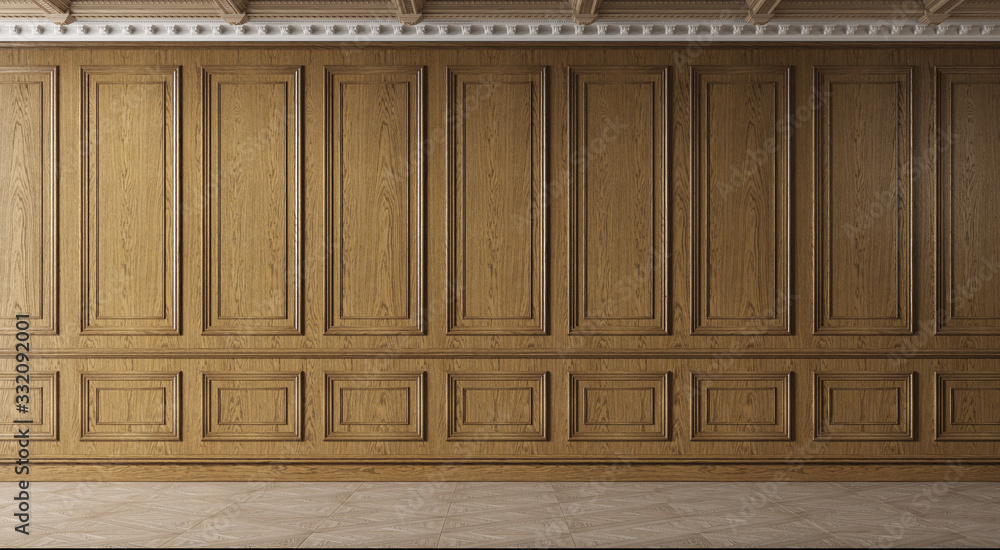 Classic luxury empty room with wooden boiserie on the wall. Oak wall panels, premium cabinet style. Classic luxury empty room with wooden boiserie on the wall. Oak wall panels, premium cabinet style.