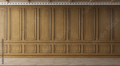 Classic luxury empty room with wooden boiserie on the wall. Oak wall panels, premium cabinet style.