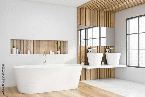 White and wooden master bathroom corner