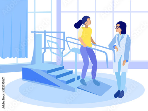 Training for People with Skeleton Muscles Physical Disorders in Rehab Center. Special Fitness Machine for Rehabilitation and Recovery. Doctor and Patient in Gym. Vector Cartoon Flat Illustration