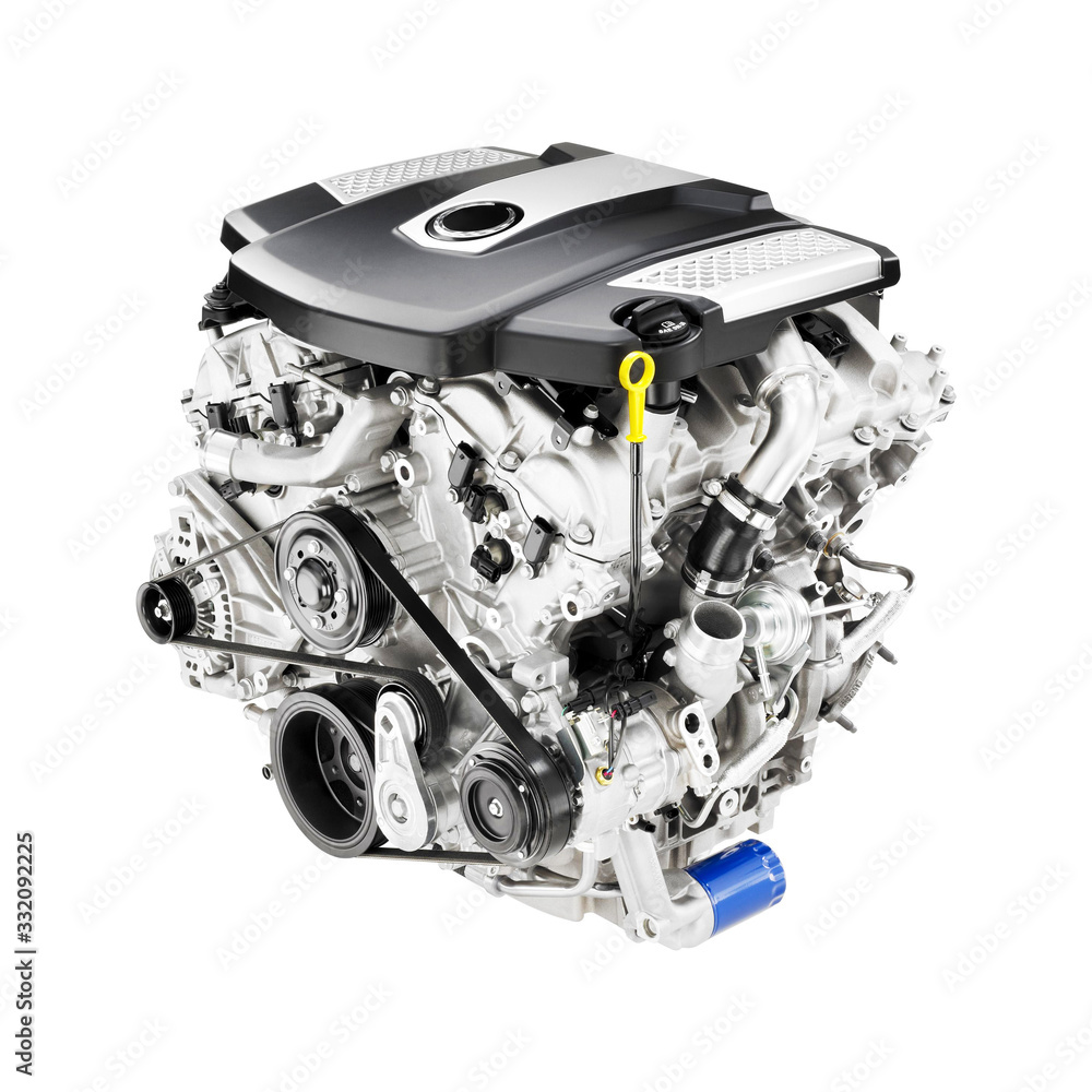 Modern Car Engine Isolated on White Background. Side View of V6 Car